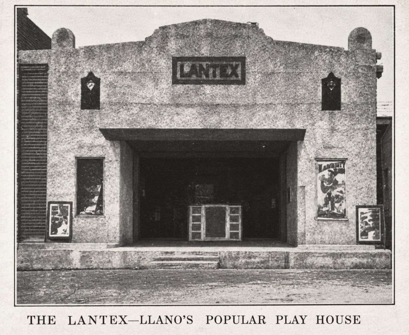 A restored 1927 newspaper photograph of the LanTex's original stone facade, captioned The LanTex, Llano's Popular Play House